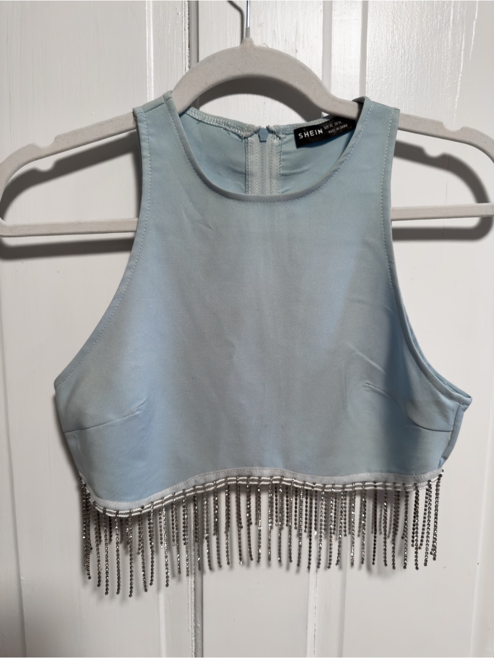 SHEIN Pale Blue Cropped Fringe Tank